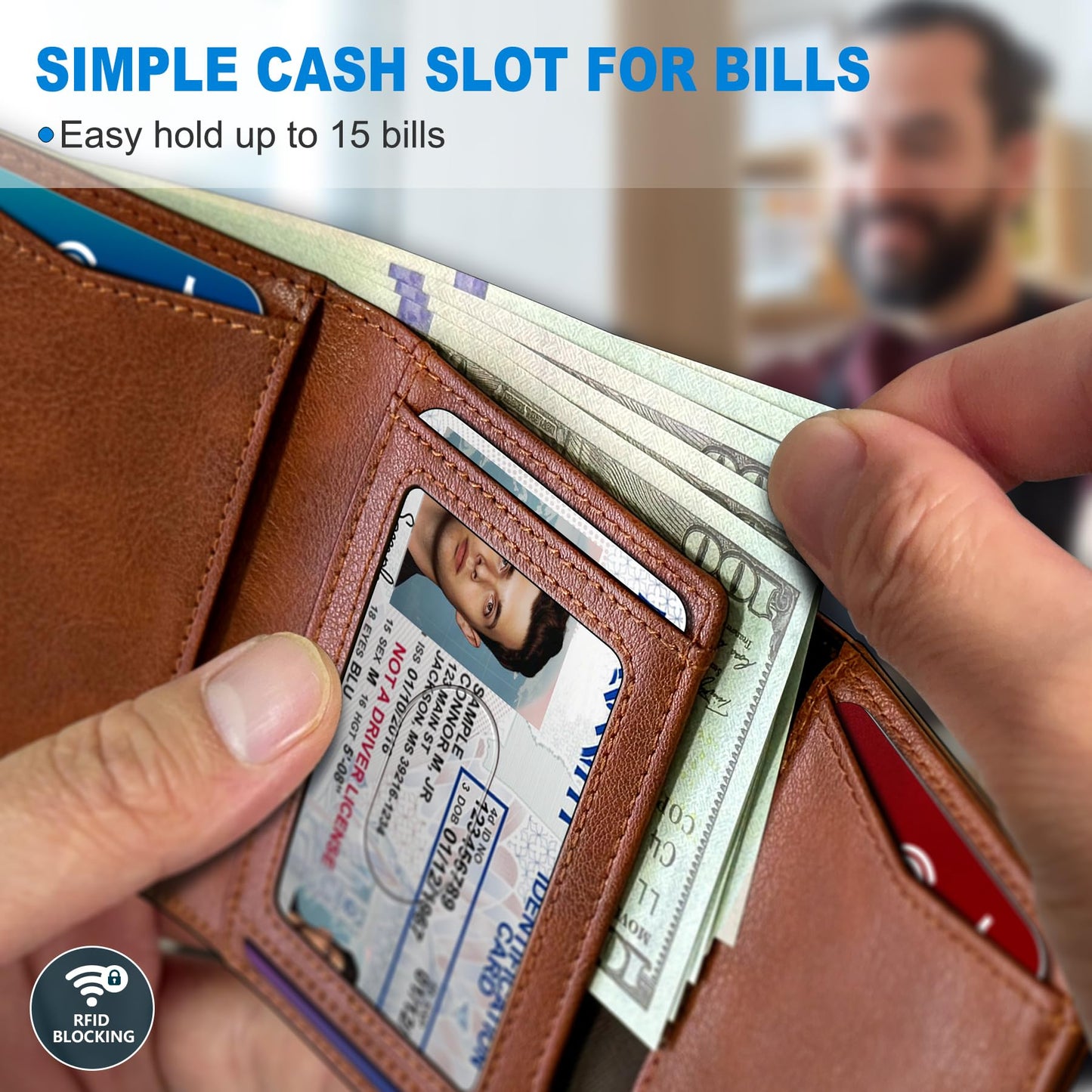 Housmai Trifold Leather Wallet for Men,with Cash Pocket 2 ID Window 14-16 Cards Magnetic Closure Slim Wallet 4.0"*3.1", RFID Blocking Front Pocket Wallet with Gift Box