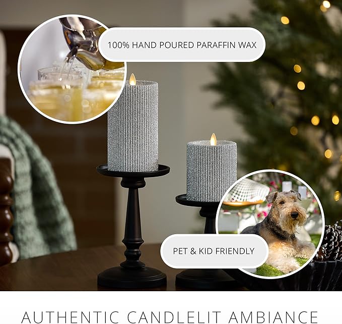 Luminara Brilliant Silver Glitter Ribbed Flameless LED Candle Moving Flame Pillar, Real Wax, Flat Top, Timer (3.25" x 4.5")