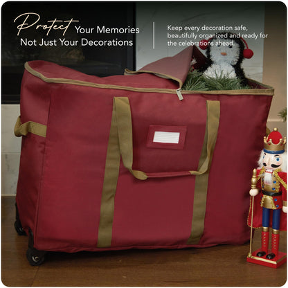 Covermates Keepsakes Rolling Treasurekeeper Storage Bag – Heavy-Duty Polyester with Dual Wheels & Handles – Protects Holiday Decorations with ID Window & Dual Zipper Access, Red