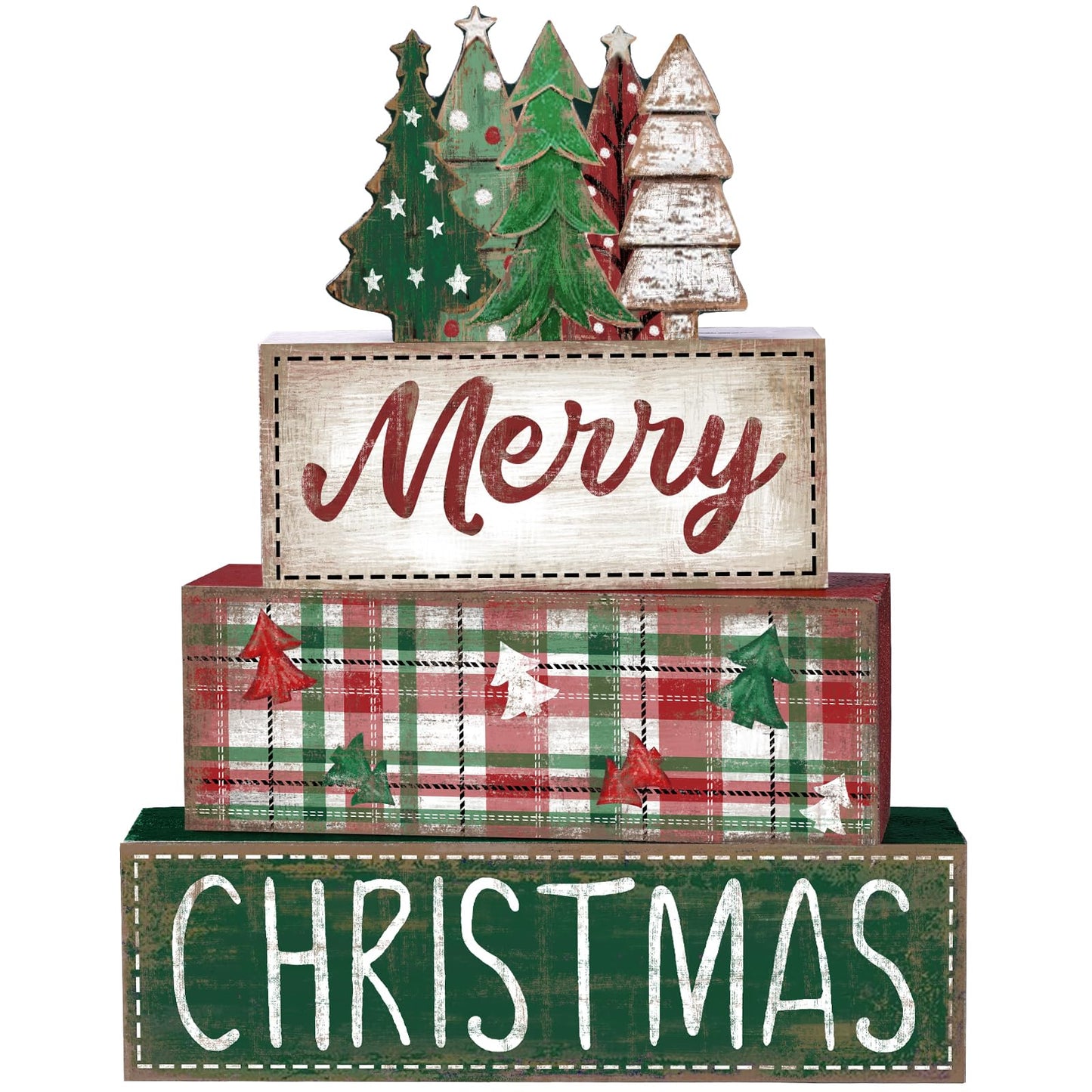 DIYDEC 4Pcs Christmas Table Decoration Green Tree Wooden Block Sign Christmas Tiered Tray Decor Winter Centerpiece Decorative Sign for Xmas Holiday Tabletop Coffee Fireplace Shelf Desk Party Decor