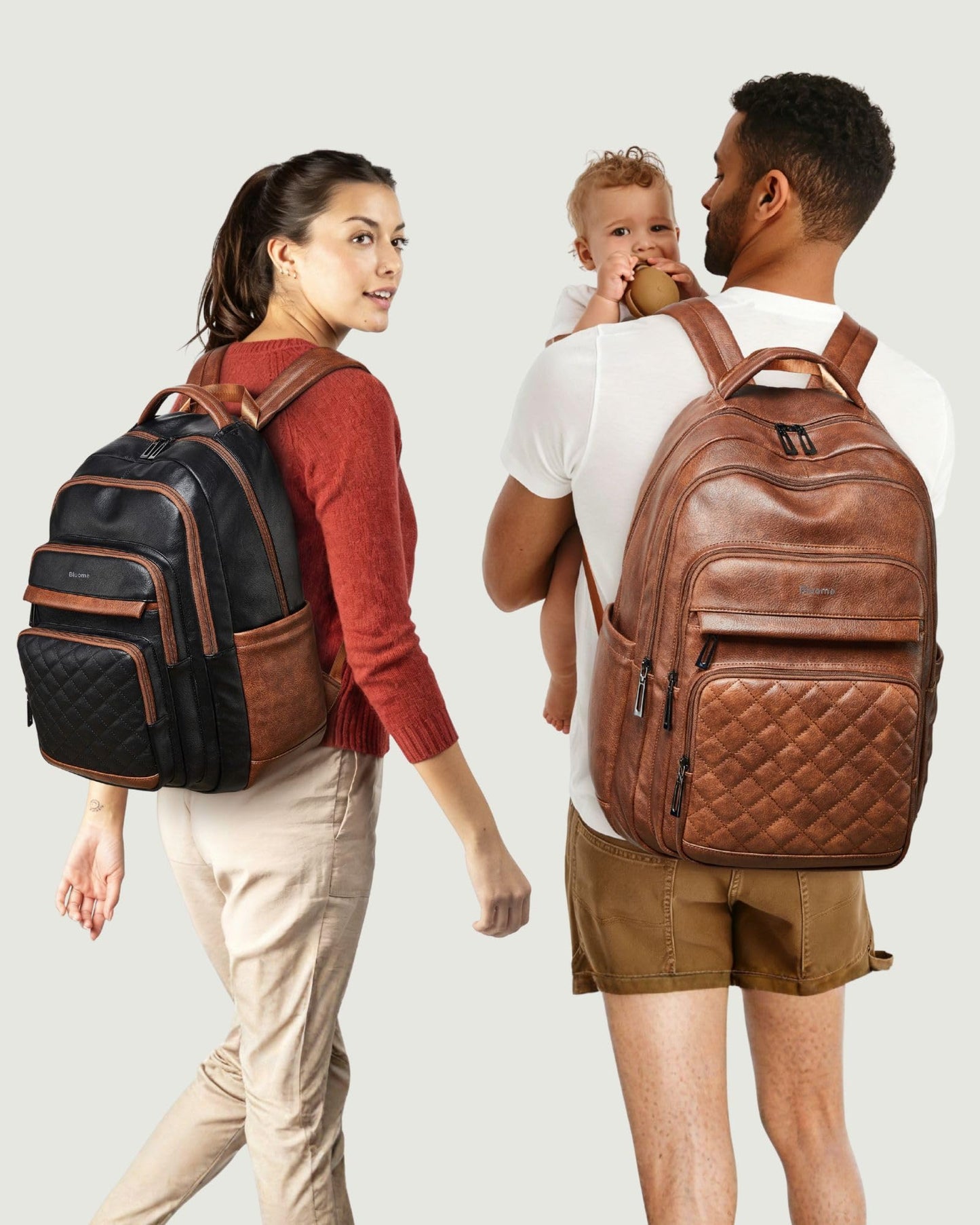 Bluome 43L Work Backpack for Women Men, Laptop Vegan Leather Backpack Purse with 15.6–17 Inch Laptop, Multi-Pocket Bookbag for Office Travel Gym Weekend Overnight Bag, Black&Brown