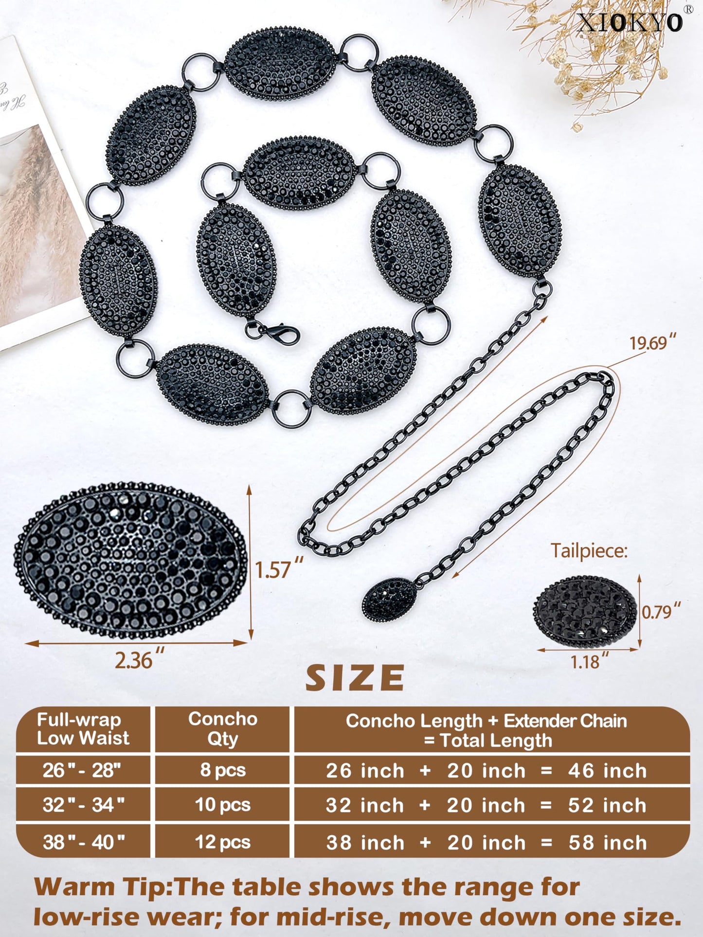 Xiokyo Bling Rhinestone Concho Belt Heavy Metal Western Crystal Chain Belt Cowgirl Sparkly Waist Chain for Women (Black-black Crystals, 38–40")