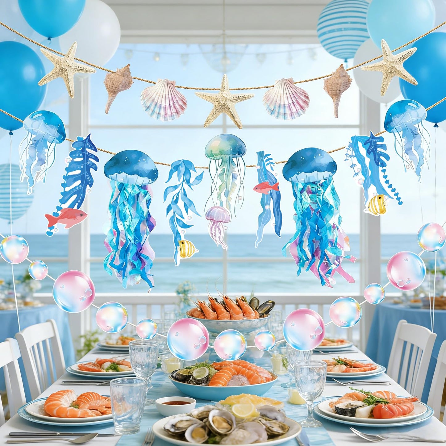 SUNBEAUTY Starfish Seashell Banner Under The Sea Party Decoration Jellyfish Hanging Garland 9.8ft Blue Bubble Garlands for Ocean Beach Theme Birthday Decor Mermaid Summer Party Decor