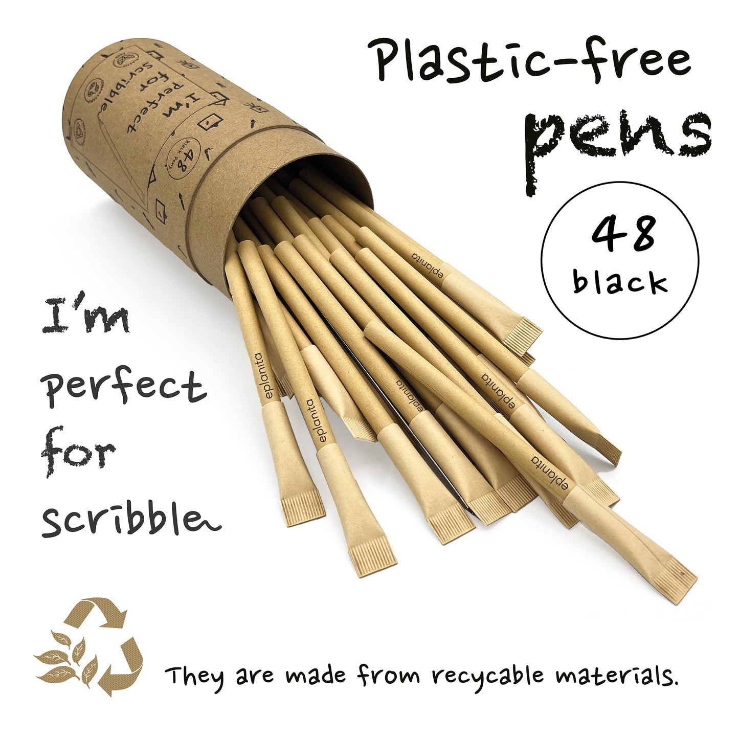 eplanita I’M PERFECT FOR SCRIBBLE – Eco Friendly Pens (Pack of 48), Black Ink Ballpoint Biros, Sustainable Stationary Supplies, For Office or School, One Tree Planted