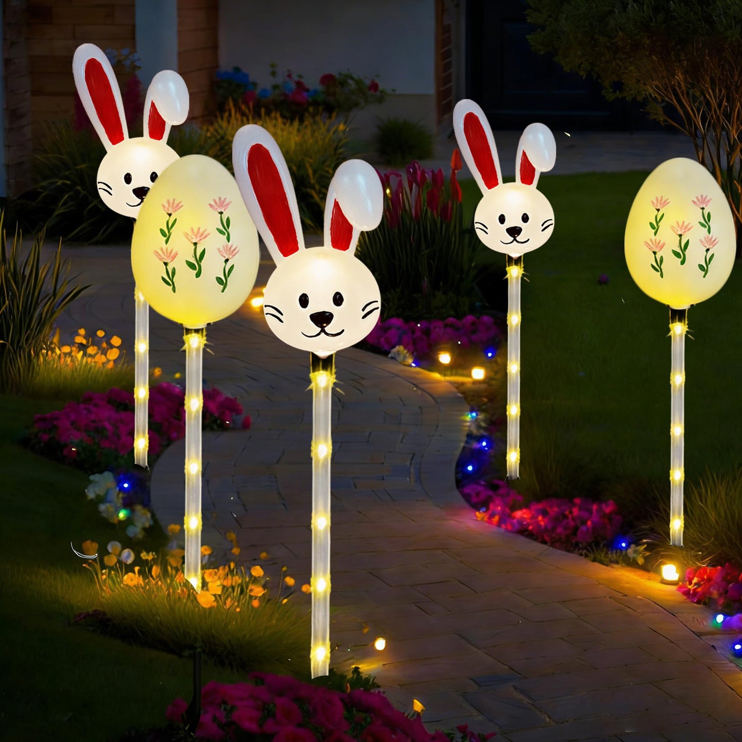 NAHIYELAS Solar Easter Pathway Lights - 5 Pack Bunny Egg Light Outdoor Solar Powered Path Lights with 8 Lighting Modes, Waterproof Garden Stake for Easter, Housewarming Gifts & Outdoor Decor