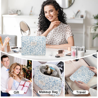 Gosect 2PC Makeup Bag Set, Cute Cosmetic Bag for Women Girls, Floral Coquette Aesthetic Toiletry Bag, Travel Make Up Organizer Bag (Blue Floral)