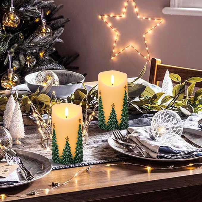 Christmas Tree LED Candles with 6H Timer, flameless Candles with Flickering Flame, Waxy Pillar 2 Pack Flickering Star Decor for Fall Christmas Decor (3 inches x 5.7 inches)