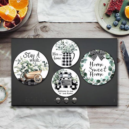 Black and White Grid Pattern Stove Burner Covers, Fresh Green Gas Stove Burner Covers 8 ＆10 Inches Stove Top Covers Electric Stove 4 Metal Stove Cover Gas Stove Top Cover, Cooktop Decorative