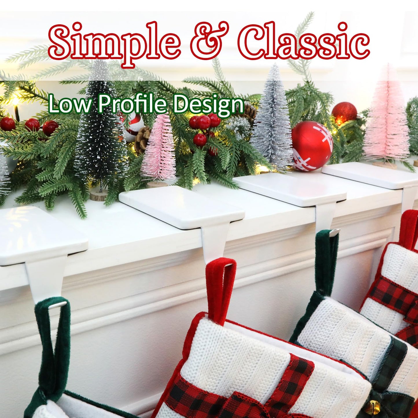 HMASYO Christmas Stocking Holders for Mantle Set of 4, White Heavy Duty Iron Stocking Hangers Base, Low Profile Weighted Stocking Holder Hooks for Fireplace Tabletop Shelf Christmas Decoration