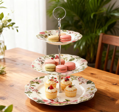 3-Tier 13.5 Inches Big Round White Porcelain Cakes Fruit Stand Plates, Cupcakes Serving Display Set, Ceramic Pastry Dessert Appetizer Candy Buffet Tray Towers Platter for Wedding Home Party - Flowers