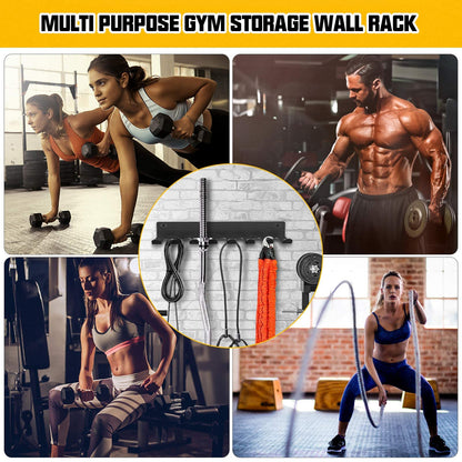 Riuog Wall Mount Gym Storage Rack, Heavy Duty Alloy Steel Workout Organizer with Carabiners, Hanging Holder for Yoga Mat Foam Roller Resistance Bands Jump Rope, Black