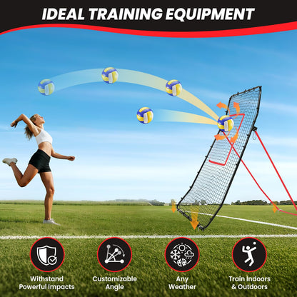 BAGAIL Volleyball Rebounder Net 7x4 Ft, Bounce Back Training Equipment with Unique Curved Frame for Better Catching, 5 Adjustable Angles for Volleying & Spiking, Easy Set Up & Sturdy Base - Red