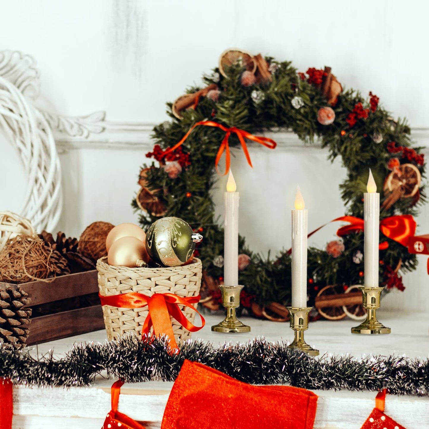 LampLust Christmas Window Candles Battery Operated with Timer, 6 Pack Christmas Candles, Gold Holders, Remote, Warm White Light, Electric Welcome Candle Holiday Window Sill Decorations