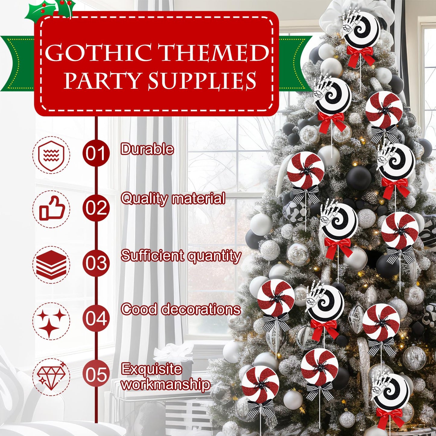 Gejoy 6 Pcs Black White and Red Christmas Ornaments Gothic Christmas Tree Picks Candy Cane Lollipop Double Sided Peppermint Lollipop Ornaments for Xmas Tree Topper Party Supplies Vase Decor