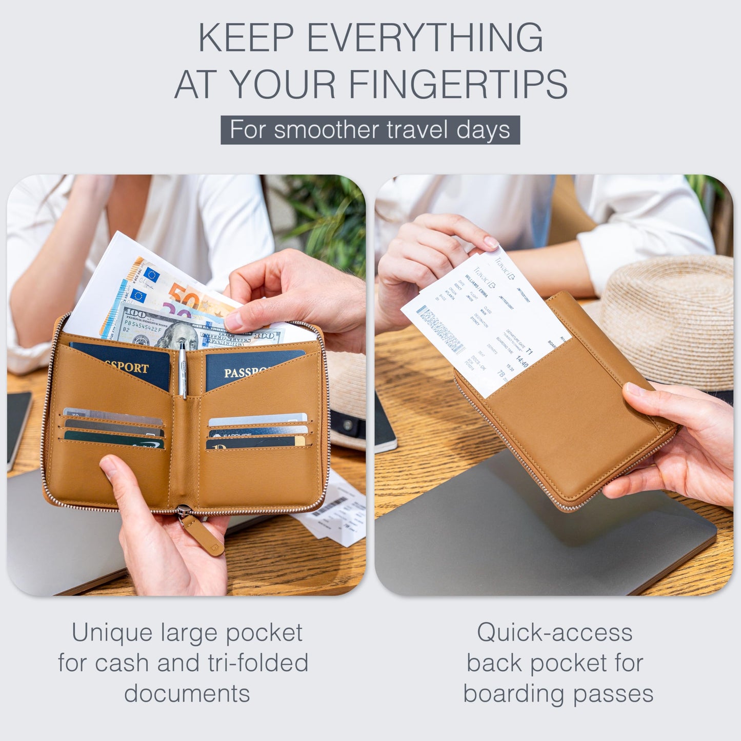 Travaci Full Grain Leather Passport Holder for 2 Passports - Dual Passport Holder and Travel Documents Organizer - RFID Travel Wallet for Couples - Camel