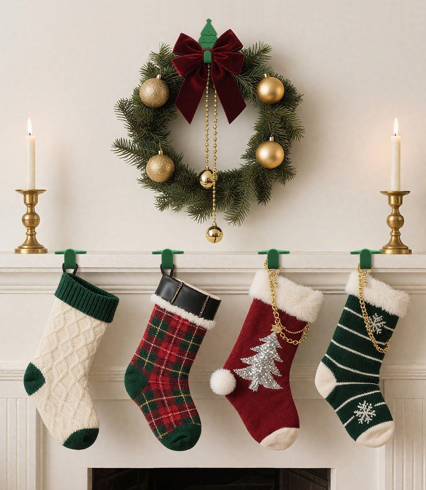 Nearockle 6 Pack Christmas Stocking Holders Garland Hangers for Mantle, Freely Bendable Adjustable Silicone Mantle Hangers, Counter Tables Window Fireplace Decoration (Green)