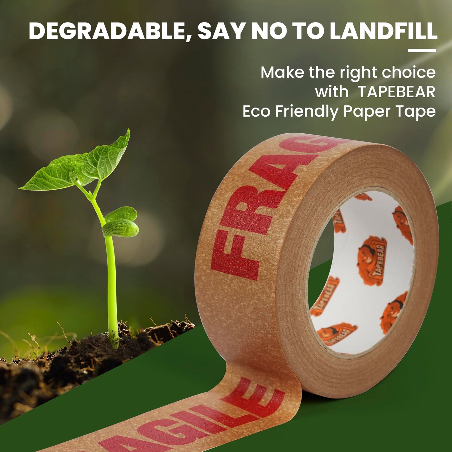 TAPEBEAR Fragile Tape Eco-Friendly Kraft Paper Tape 2Inch x 55Yard, Biodegradable Packaging Brown Paper Tape Self Adhesive Box Tape for Small Business, Shipping, Sealing, Moving, 3Rolls