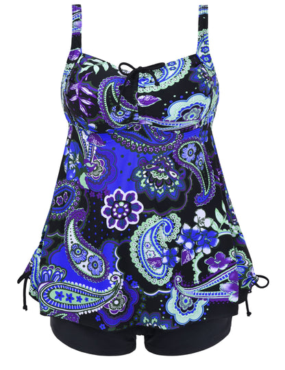 Septangle Women's Plus Size Swimsuit Floral Print Bathing Suit Two Piece Push Up Swimwear (Royal Blue,US 12)