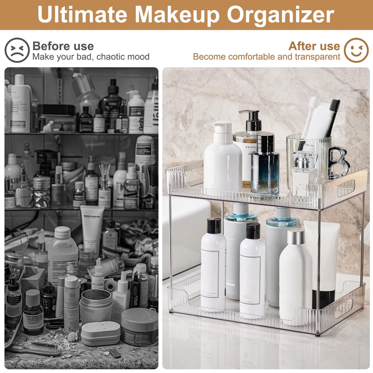 Goderewild 2-Tier Bathroom Counter Organizer, Multi-Purpose Cosmetics Skincare Shelf, Fits A4 Size Makeup Organizer for Office and Vanity Tray, Countertop Storage Solution for Kitchen,Bath.(Clear)
