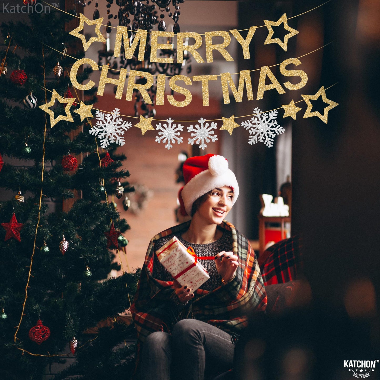 KatchOn, Glitter Merry Christmas Banner Indoor - Large 10 Feet, 3 Strings | Snowflake Garland | Merry Christmas Decorations | Xmas Decorations | Winter Party Decorations | Merry Christmas Garland