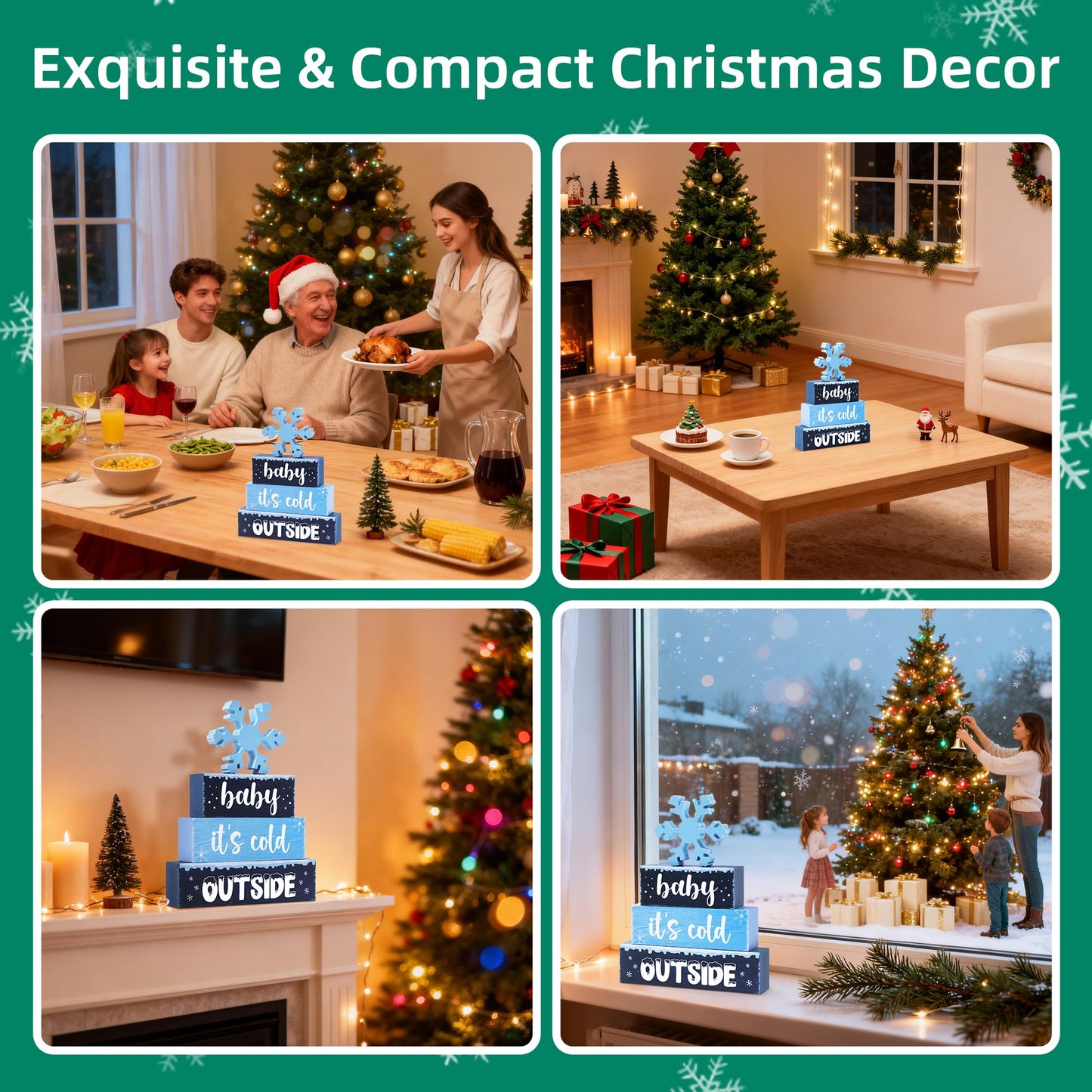 4 Pcs Christmas Wooden Tiered Tray Decor, Snowflake Baby It's Cold Outside Christmas Decorations Gifts for Home, Winter Table Centerpiece for Xmas Party Kitchen Office