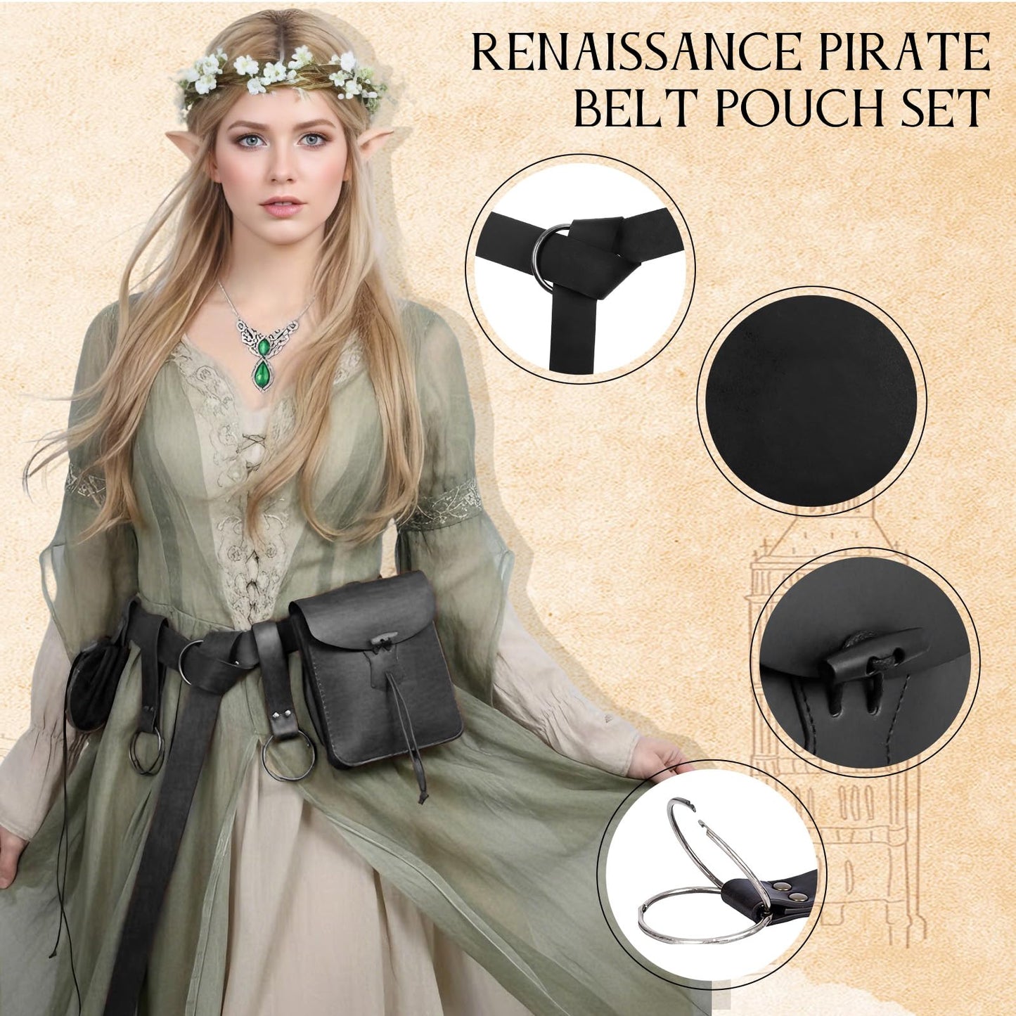 Renaissance Belt Pouch Medieval Pirate Costume Accessories - Viking Faux Leather Waist Bag with Skirt Hikes for Cosplay LARP (Black)
