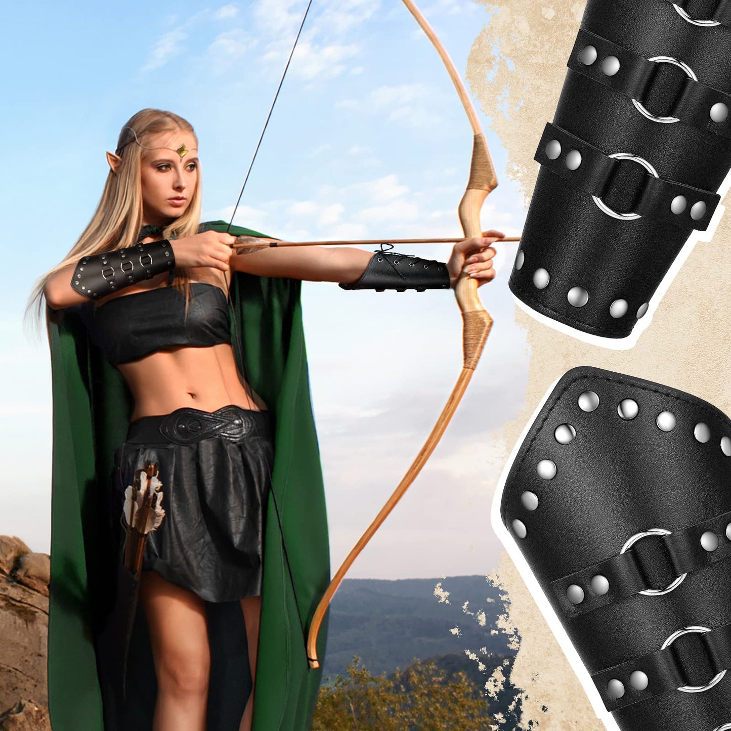 Patelai 1 Pair Faux Leather Arm Guards Arm Bracers Leather Gauntlet Medieval Viking Cosplay Accessories for Men Women(Black,S)