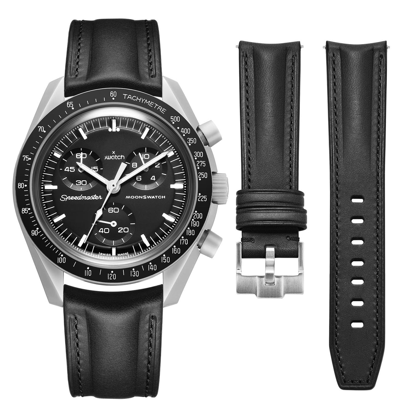 Getalia Italian Full grain vegetable tanned leather watch Bands Curved Strap,Compatible with Omega X Swatch Moonswatch Speedmaster/Rolex/SEIKO/Swatch Watch straps Men Women (Black-width：20mm)