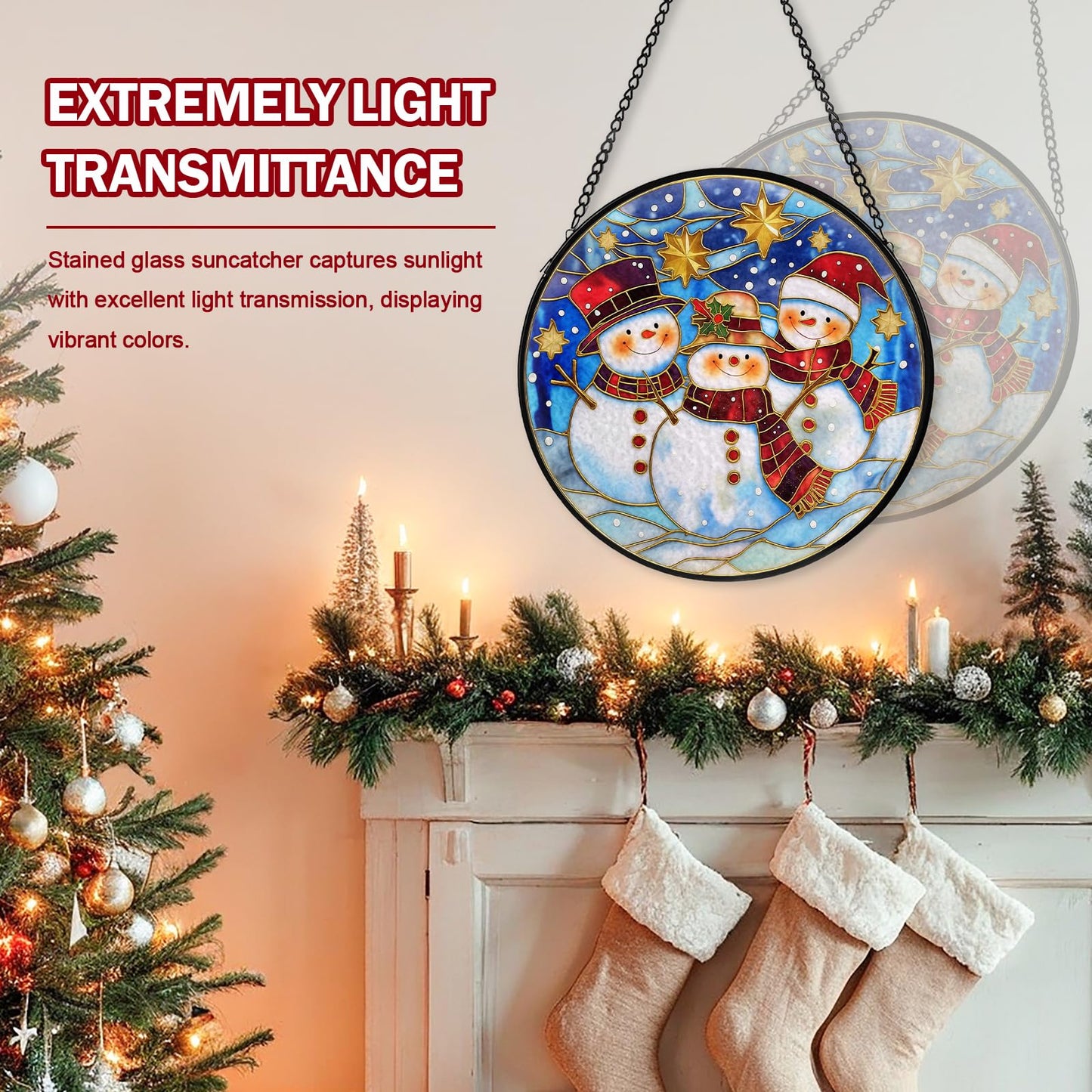 Christmas Decorations Stained Glass Window Hanging, Snowman Suncatcher for Window Hanging, Sun Catchers Indoor Windows Wall Art for Mom Grandma, Christmas Decor or Home Garden Office 7.87 inches