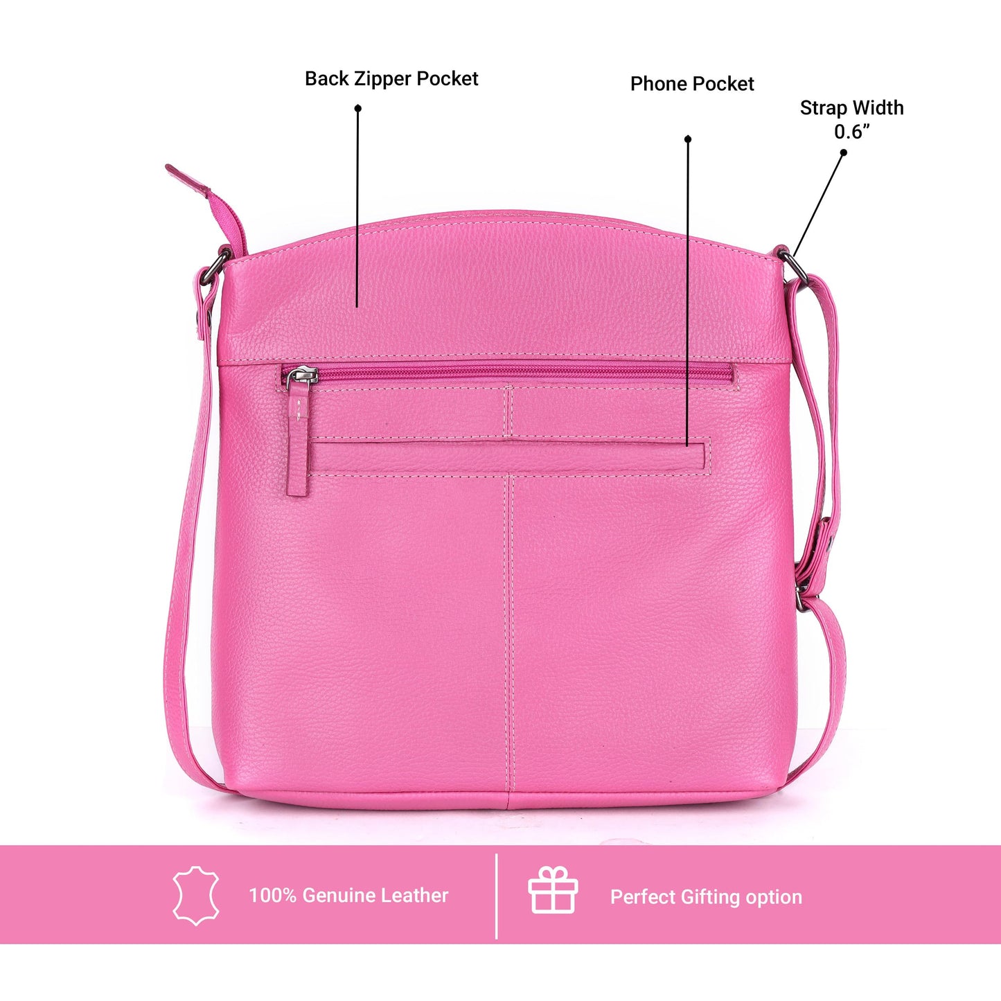 LEDERBUCK Terry Large Soft Real Leather Womens Crossbody Handbags and Purses-Triple Zip Premium Sling Crossover Shoulder Bag (Fuscia Pink)