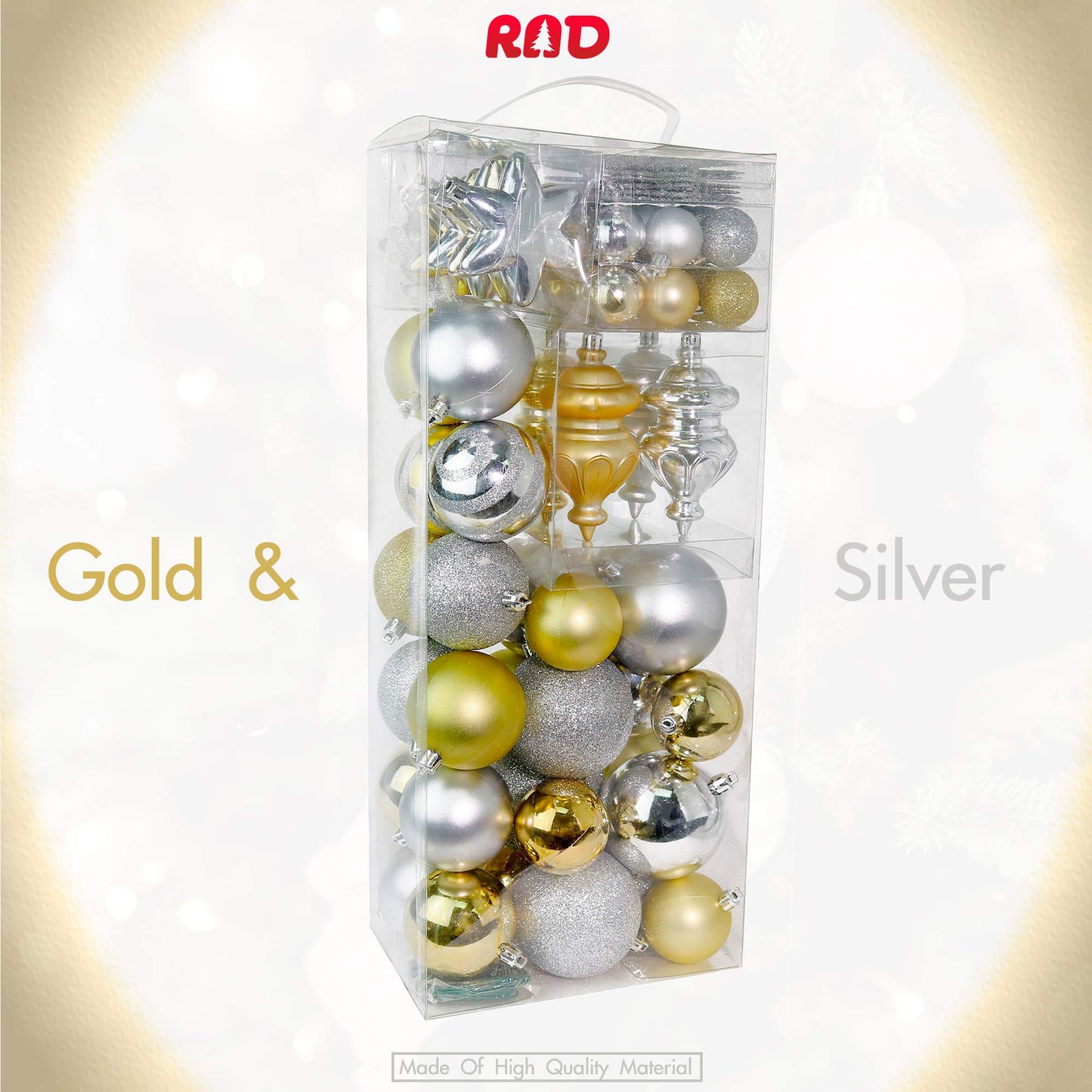 RN'D Christmas Snowflake Ball Ornaments - Christmas Hanging Snowflake and Ball Ornament Bulk Assortment Set with Hooks - 76 Xmas Ornaments and Hooks (Gold & Silver)