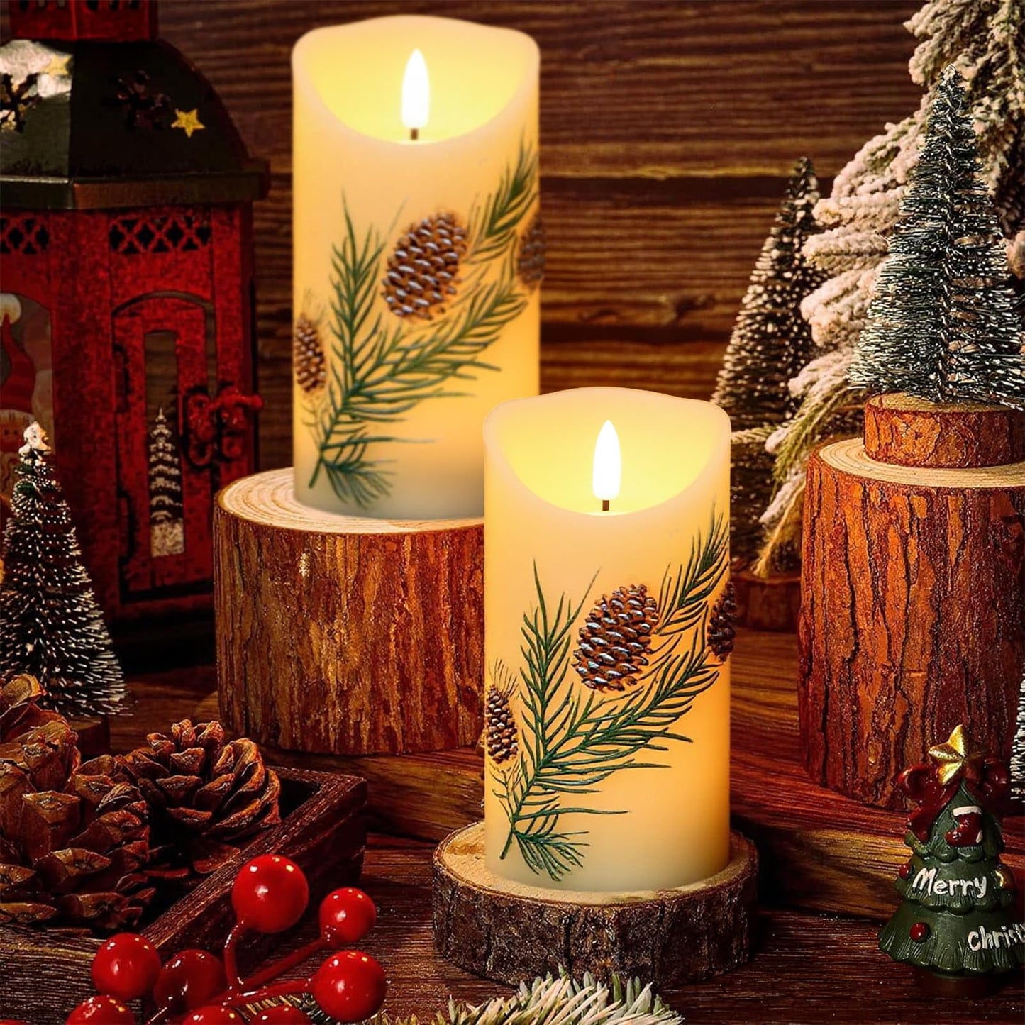 DRomance Pinecone Flameless Flickering Candles Battery Operated with 6H Timer 3D Wick LED Pillar Candles Real Wax Hand-Painted Dinner Holiday Christmas Indoor Decoration(2 Pack, 3" D x 5.7" H)