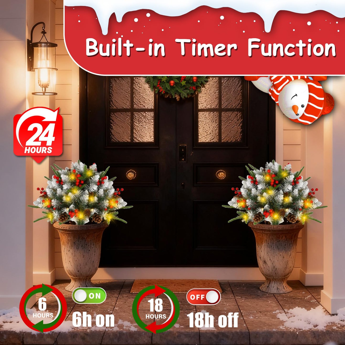 JOYHALO 2 Pack Set 22Inch Christmas Urn Filler with 40 Warm White Lights, Christmas Pot Fillers with White PVC&PE Branches, Outdoor Christmas Trees for Porch Pathway Entryway Yard Decorations