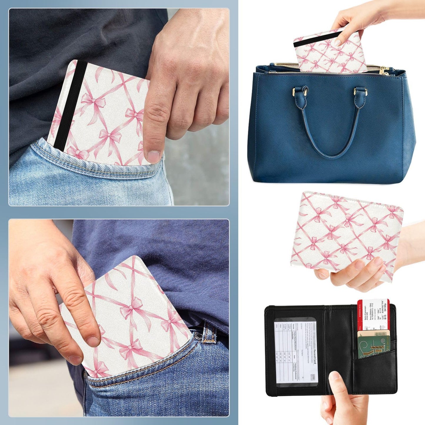 zyrtty Passport Holder, Pink Bow Plaid Pattern Passport Cover Travel Wallet with Credit Card Slots Rfid Wallet Waterproof Documents Organizer Women Men