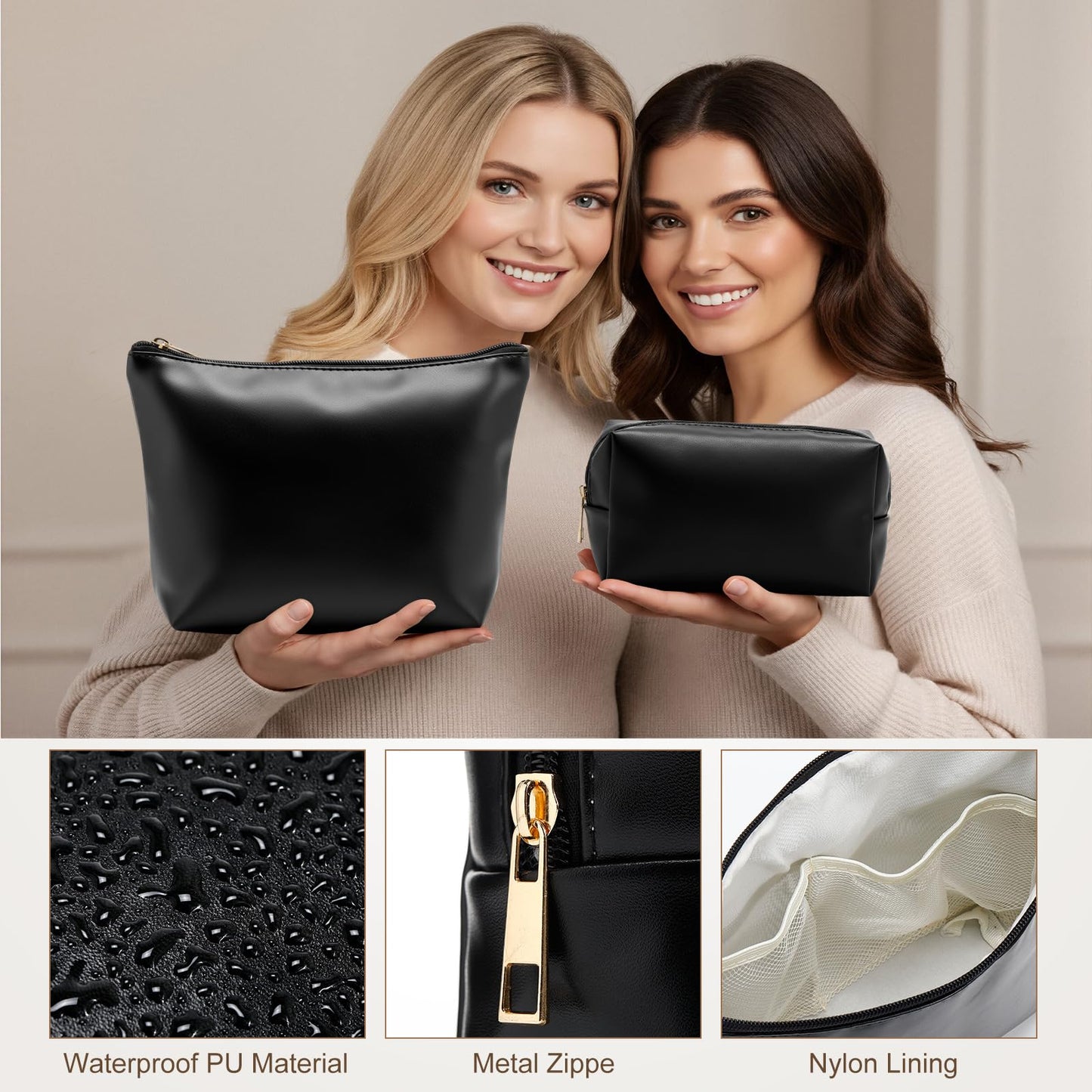 Kigeli 3 Piece Leather Makeup Bag Set Graduation Women Gifts PU Leather Makeup Toiletry Bag Bridesmaid Cosmetic Pouch Small Aesthetic Travel Purse for Wedding Birthday Women Gifts(Black)