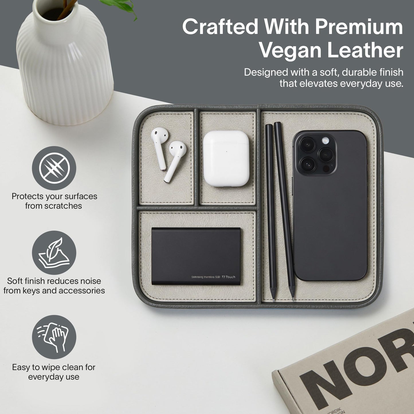 Nordik Leather Valet Tray - Sahara Gray - 9.5 x 7.9 Inch Medium Vegan Leather Tray - Stylish Nightstand Organizer for Men - Modern Bedside Caddy - EDC Catchall for Key Watch Wallet Jewellery