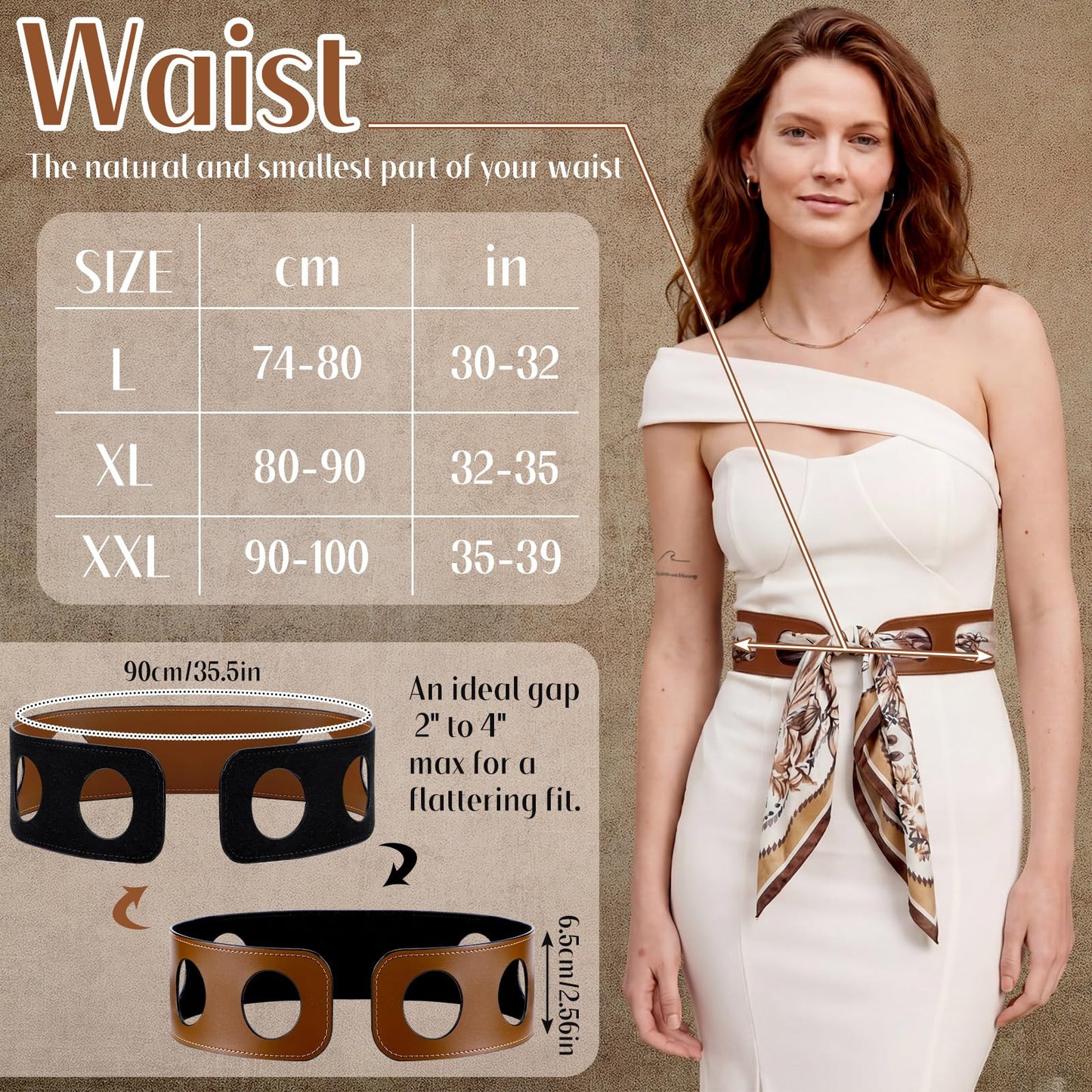 Twistover Reversible Scarf Waist Belt, Double Sided PU Leather Scarves Belt Accessory Wide Belts for Women Without Silk Scarf(Tan,35.4 Inches)