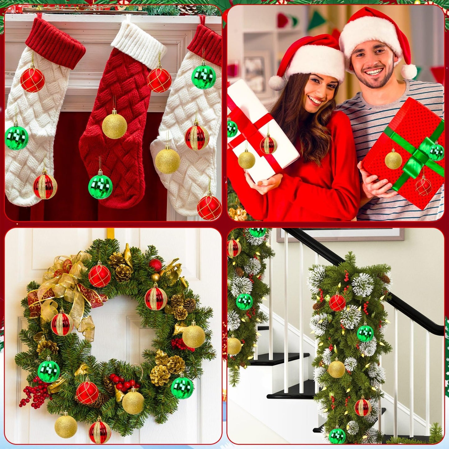 JULMELON 24PCS Christmas Ball Ornaments Hanging Balls Red Green Gold Shatterproof Decorations for Xmas Tree Home Decor for Party Holiday Wedding Anniversary DIY Craft Decor Supplies (2.36 Inches/60MM)