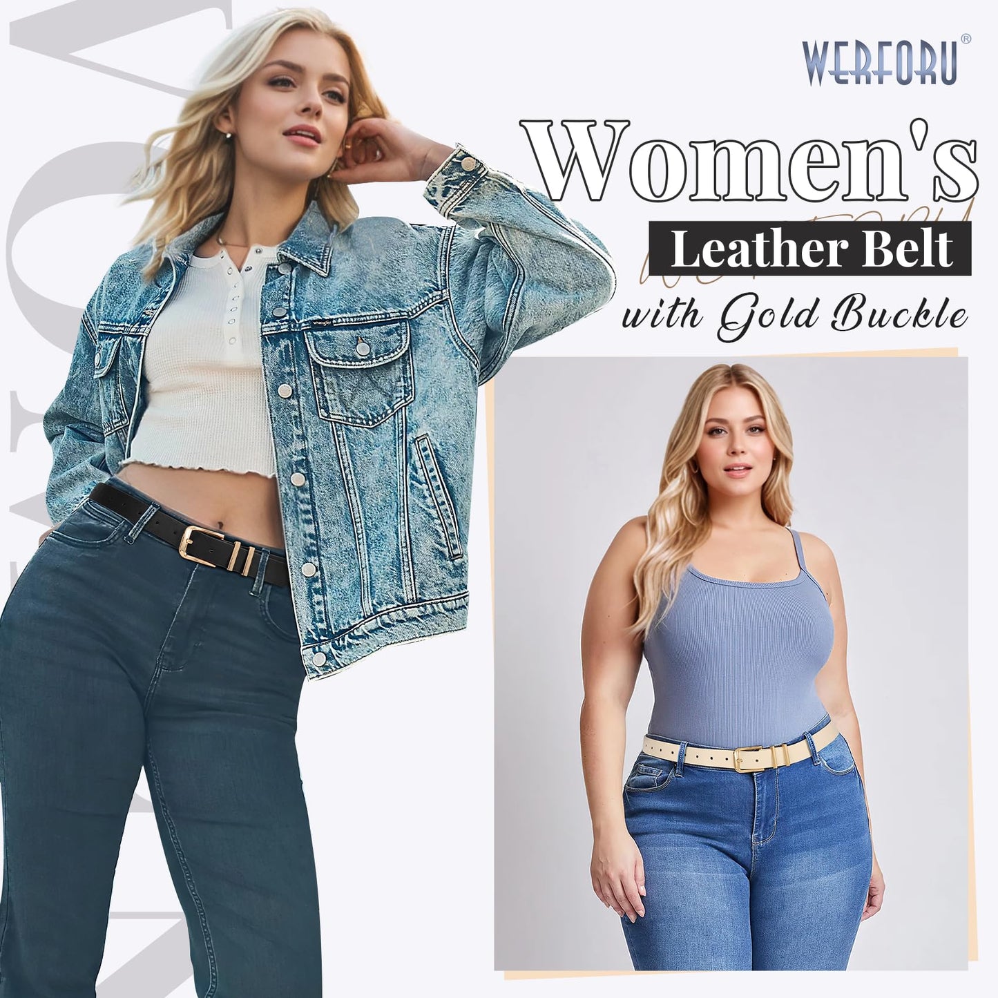 WERFORU 3 PACK Women Belt Women Fashion Leather Belts for Jeans Pants Ladies Belts with Gold Buckle,A-Black+Brown+Beige,Fit Waist Size 37-41 Inches