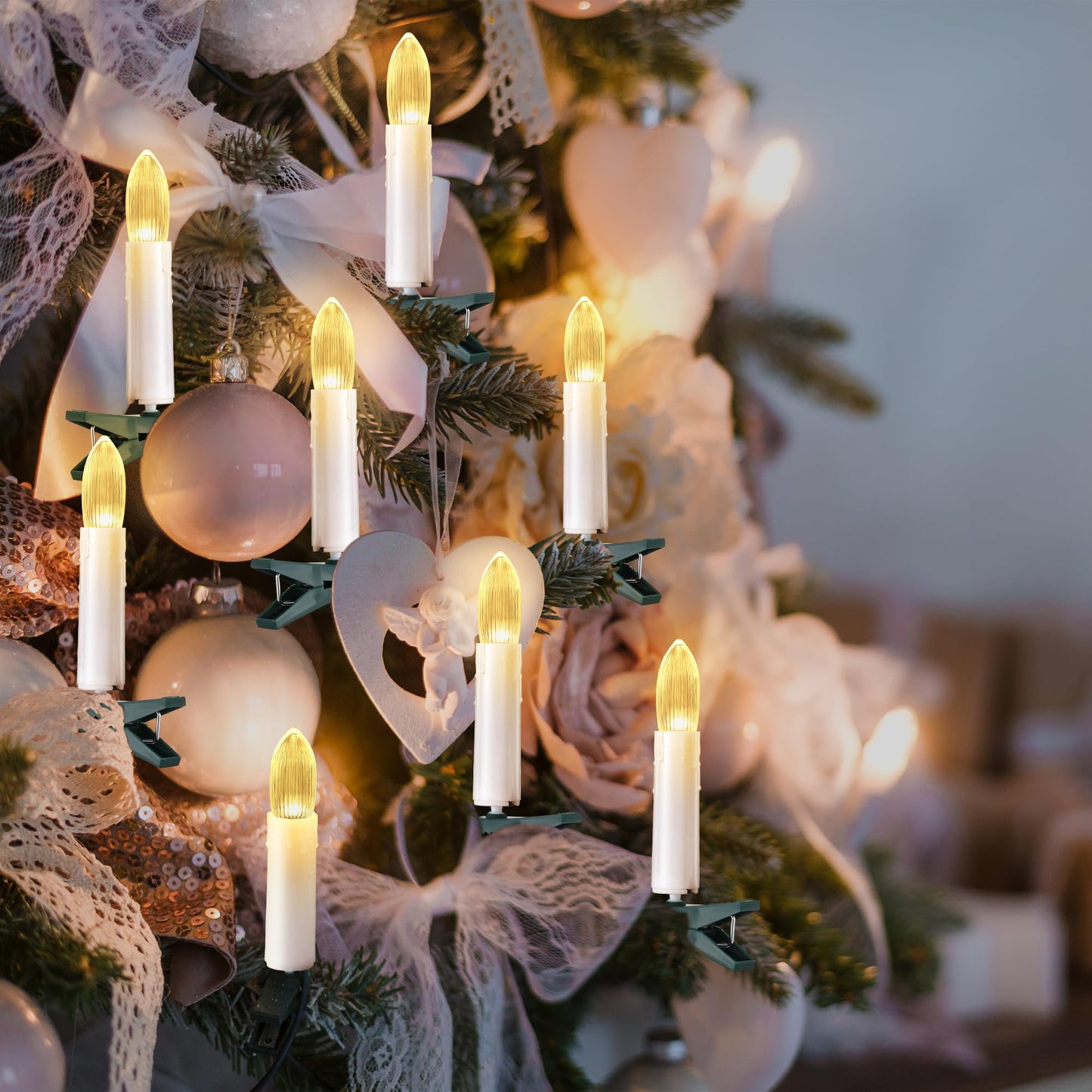 Hohean 20 Pcs Christmas Tree Flameless LED Candle Lights, White Flickering Candle String Lights with Remote Timer and 8 Modes, Xmas Taper Candles with Tree Clips for Holiday Garden Wedding Indoor