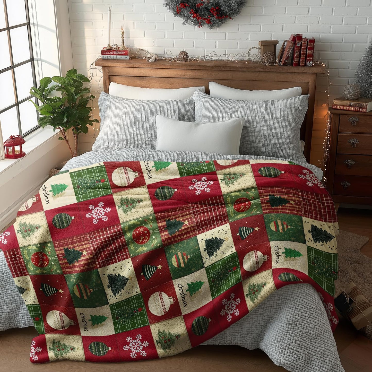 Horaldaily Christmas Flannel Blanket Throw, Red Green Checkered Tree Snow Ornaments Soft Fuzzy Plush Cozy Fleece Blankets for Couch Sofa Bed Lounging, Ideal Gifts for Kids Adults Wife Self, 50x60