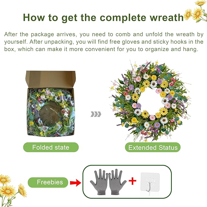 Spring Wreath 22 Inch Artificial Summer Wreath with Yellow Daisy Flowers Green Eucalyptus Leaves Lavender Spring Wreaths for Front Door Home Farmhouse Porch Wall Easter Festival