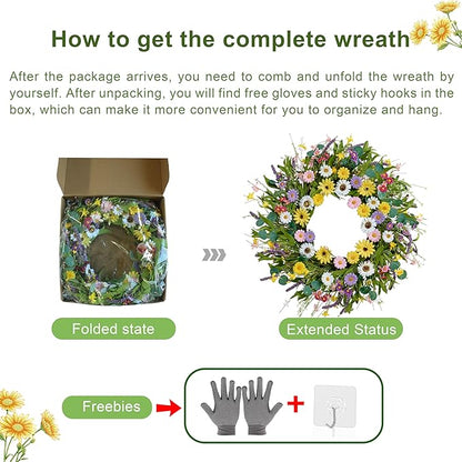 Spring Wreath 22 Inch Artificial Summer Wreath with Yellow Daisy Flowers Green Eucalyptus Leaves Lavender Spring Wreaths for Front Door Home Farmhouse Porch Wall Easter Festival