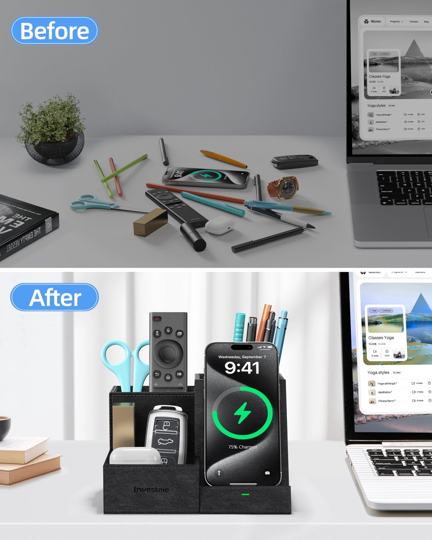 Investme Wireless Charger with Desk Organizer, Pen Pencil Holder, Multifunctional Desktop Organizer, Office Supplies and Desk Accessories Organizer with 3 Compartments and 1 Phone Stand, PU Black