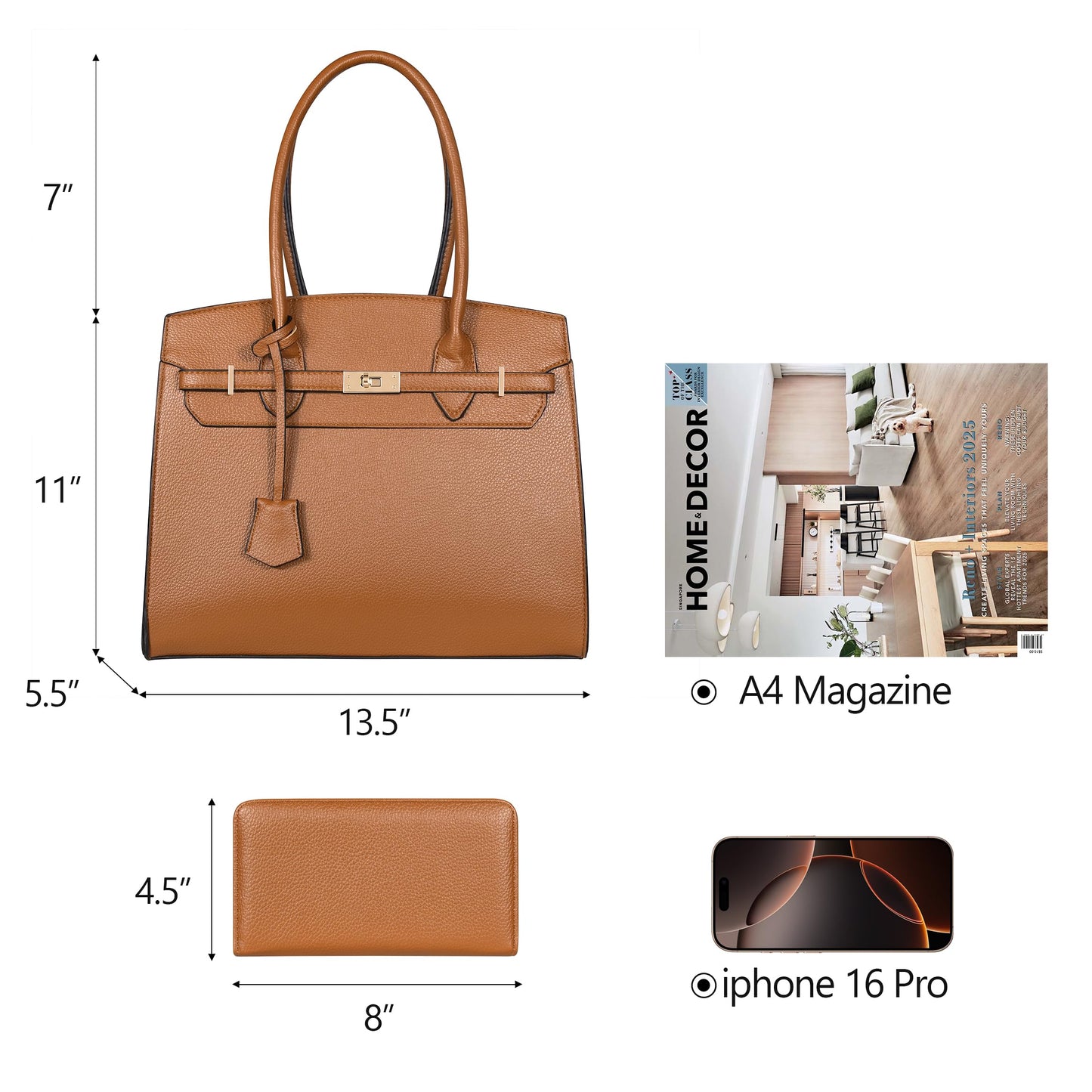 Designer Classic Top Handbags For women, Shoulder Purses For Ladies, Adjustable Strap Work Satchel with Wallet, BROWN