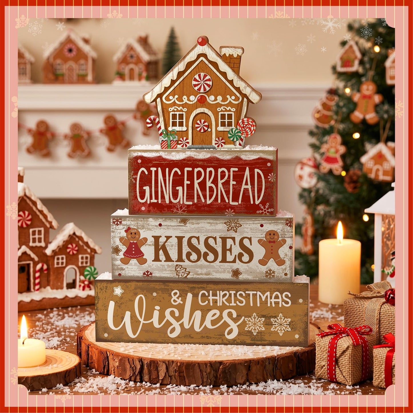 Moucuny 4 Pcs Christmas Table Decoration Gingerbread House Wooden Stacked Block Decor Gingerbread Centerpiece Block Signs Rustic Christmas Tiered Tray Decoration for Home Kitchen Coffee Bar