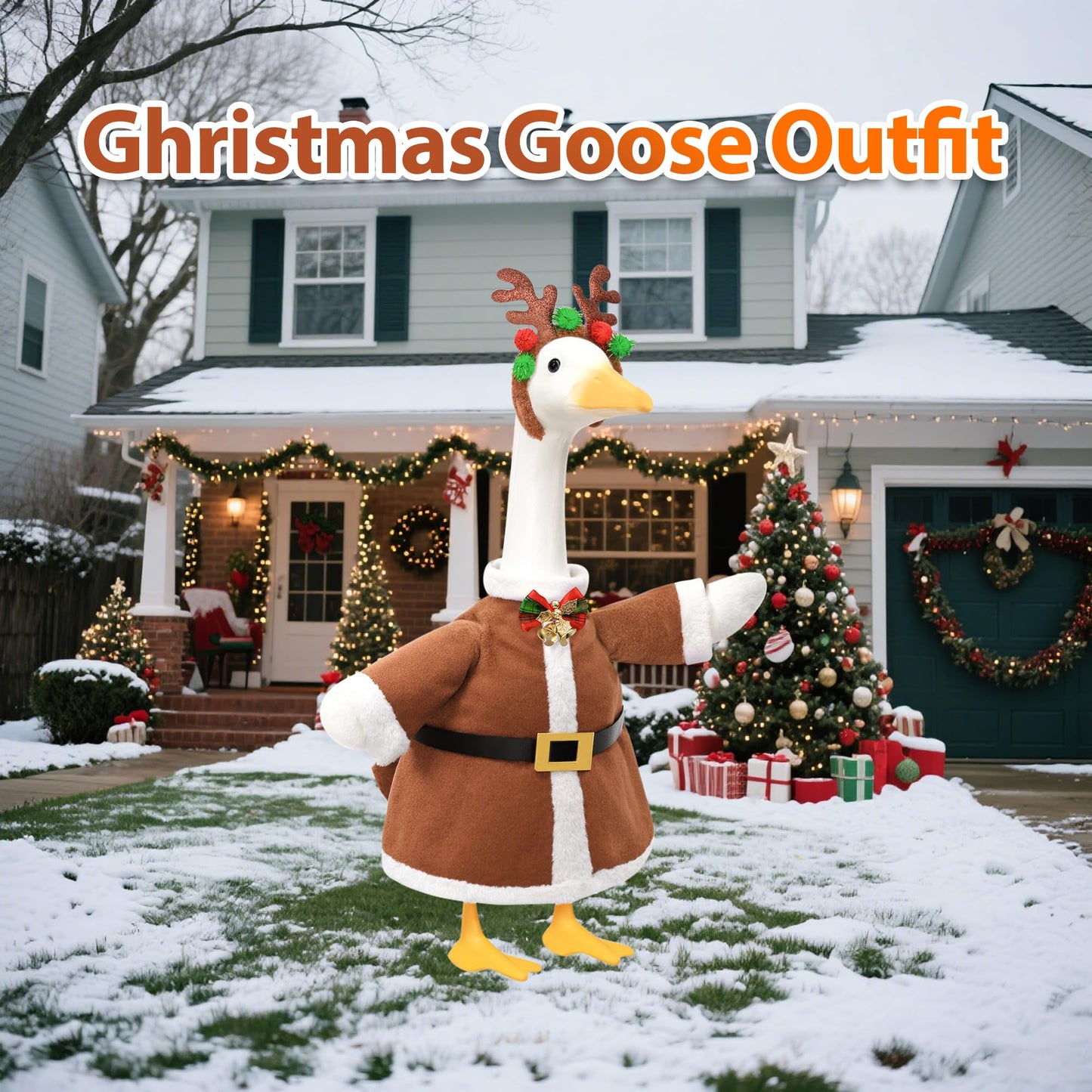 Lodaxu Christmas Porch Goose Outfit for Large 23" High Cement or Plastic Goose Statue, Yard Goose Cloths with Deer Antler Headband, Bell Bow Tie Decor for Outdoor Lawn Gaden Patio