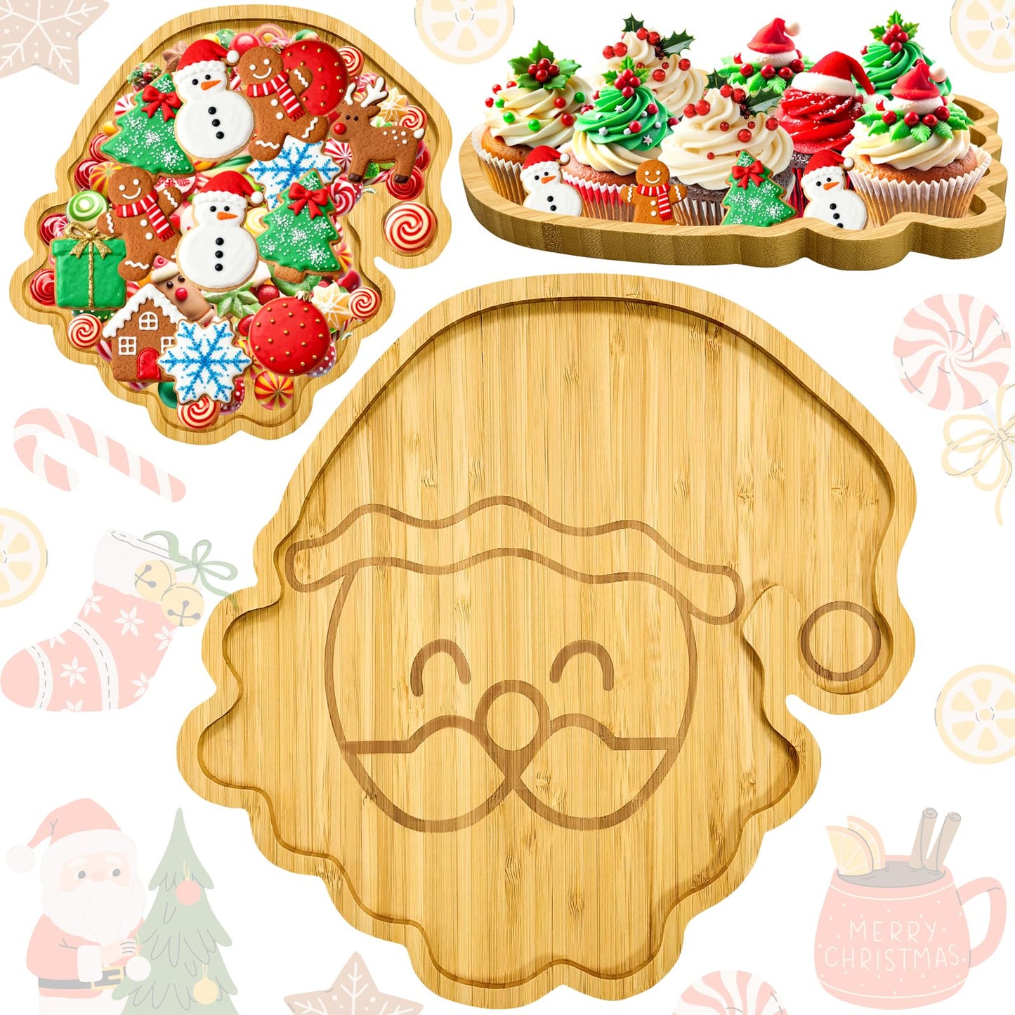 Barri Design Christmas Charcuterie Board Santa Claus Platter Large Wood Xmas Serving Tray Party Decorative Tray Bamboo Wooden Cheese Appetizer Tray Snack Food Dish for Christmas Party Supplies