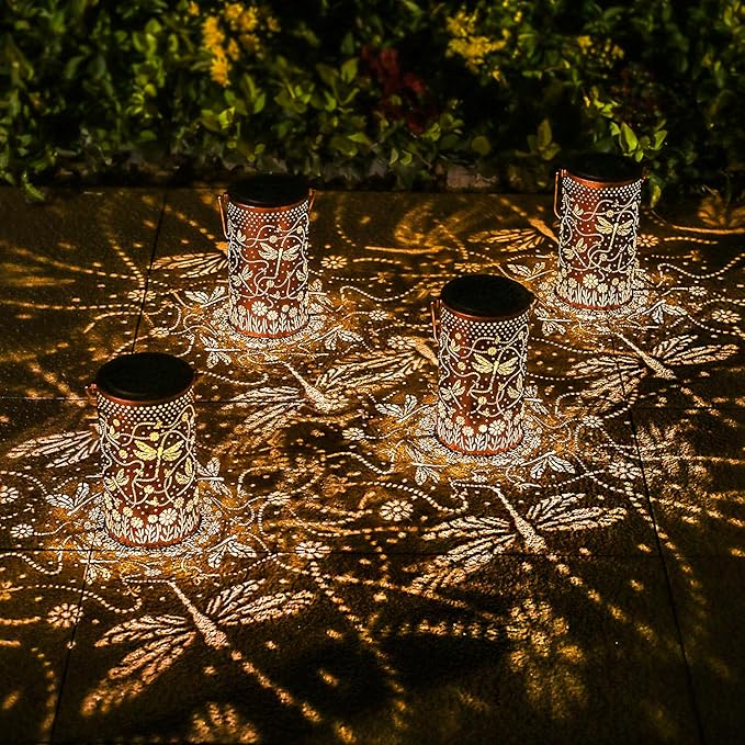 2 Pack Dragonfly Outdoor Solar Hanging Lanterns Waterproof LED Solar Lights Metal Decorative Lanterns for Garden, Patio, Courtyard, Backyard, Yard Decor Unique Dragonfly Gifts for Women Gardening