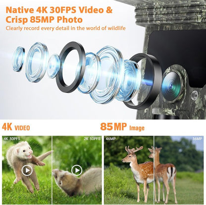 Solar Trail Camera - 4K 85MP WiFi Bluetooth Game Camera with Night Vision | Rechargeable 2500mAh Battery, IP66 Waterproof for Wildlife
